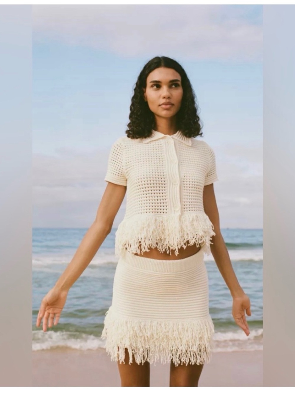 Like new Cream Crochet Fringe Short-Sleeve Sweater Cardigan - Picture 7 of 8